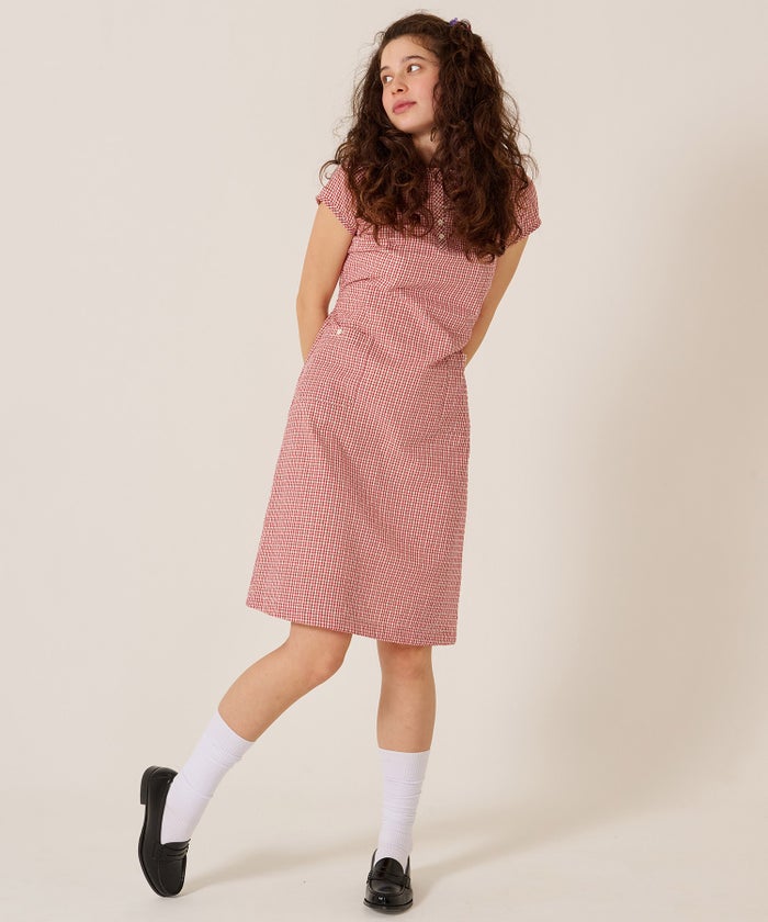 チェック/半袖/ギンガム/ヘンリーネック Aライン ワンピース TINA：JOJUN
