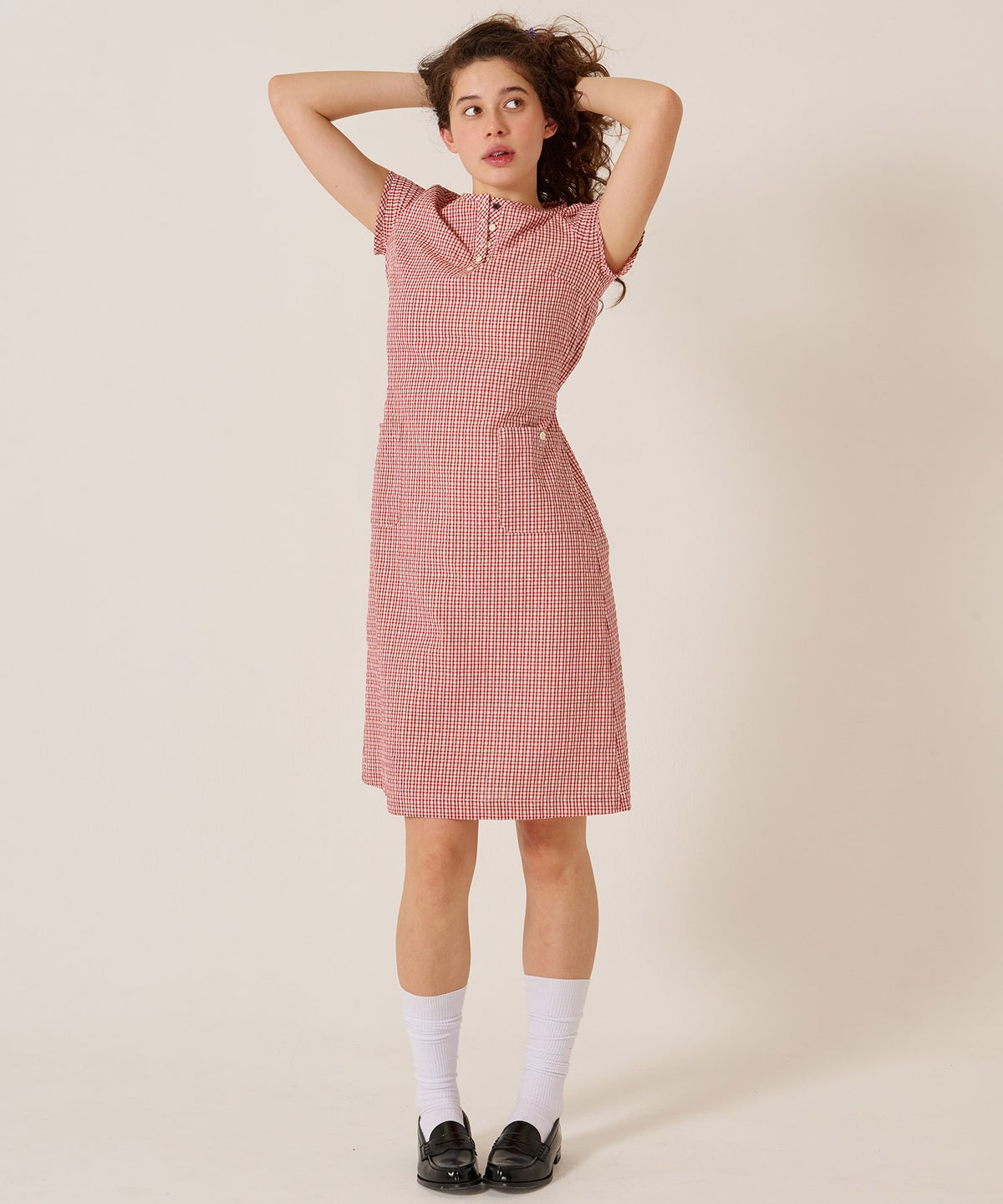 チェック/半袖/ギンガム/ヘンリーネック Aライン ワンピース TINA：JOJUN