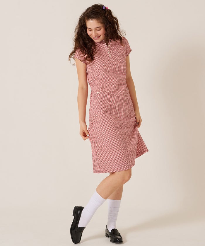 チェック/半袖/ギンガム/ヘンリーネック Aライン ワンピース TINA：JOJUN