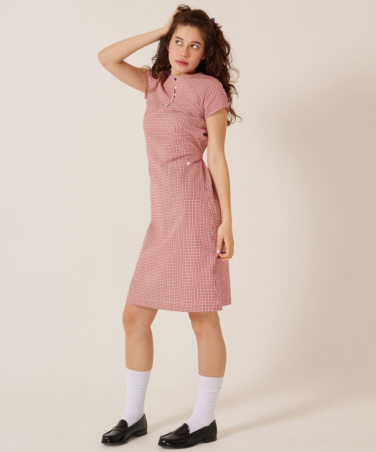 チェック/半袖/ギンガム/ヘンリーネック Aライン ワンピース TINA：JOJUN