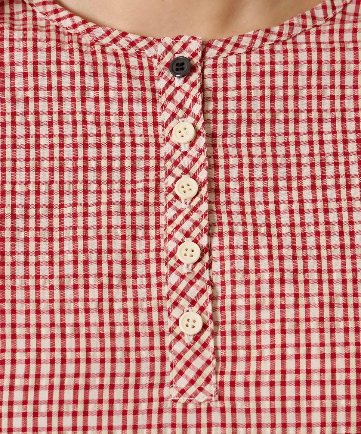 チェック/半袖/ギンガム/ヘンリーネック Aライン ワンピース TINA：JOJUN