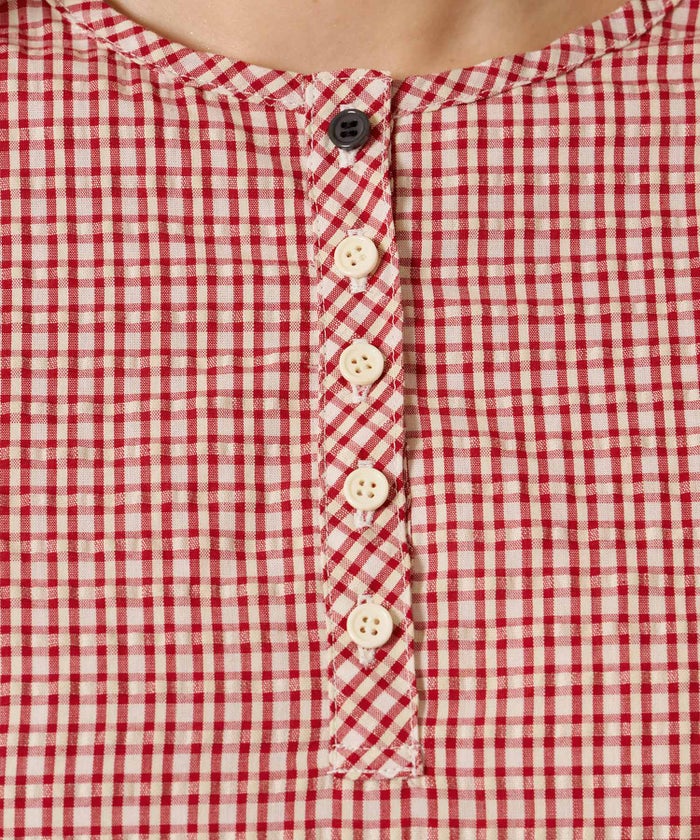 チェック/半袖/ギンガム/ヘンリーネック Aライン ワンピース TINA：JOJUN