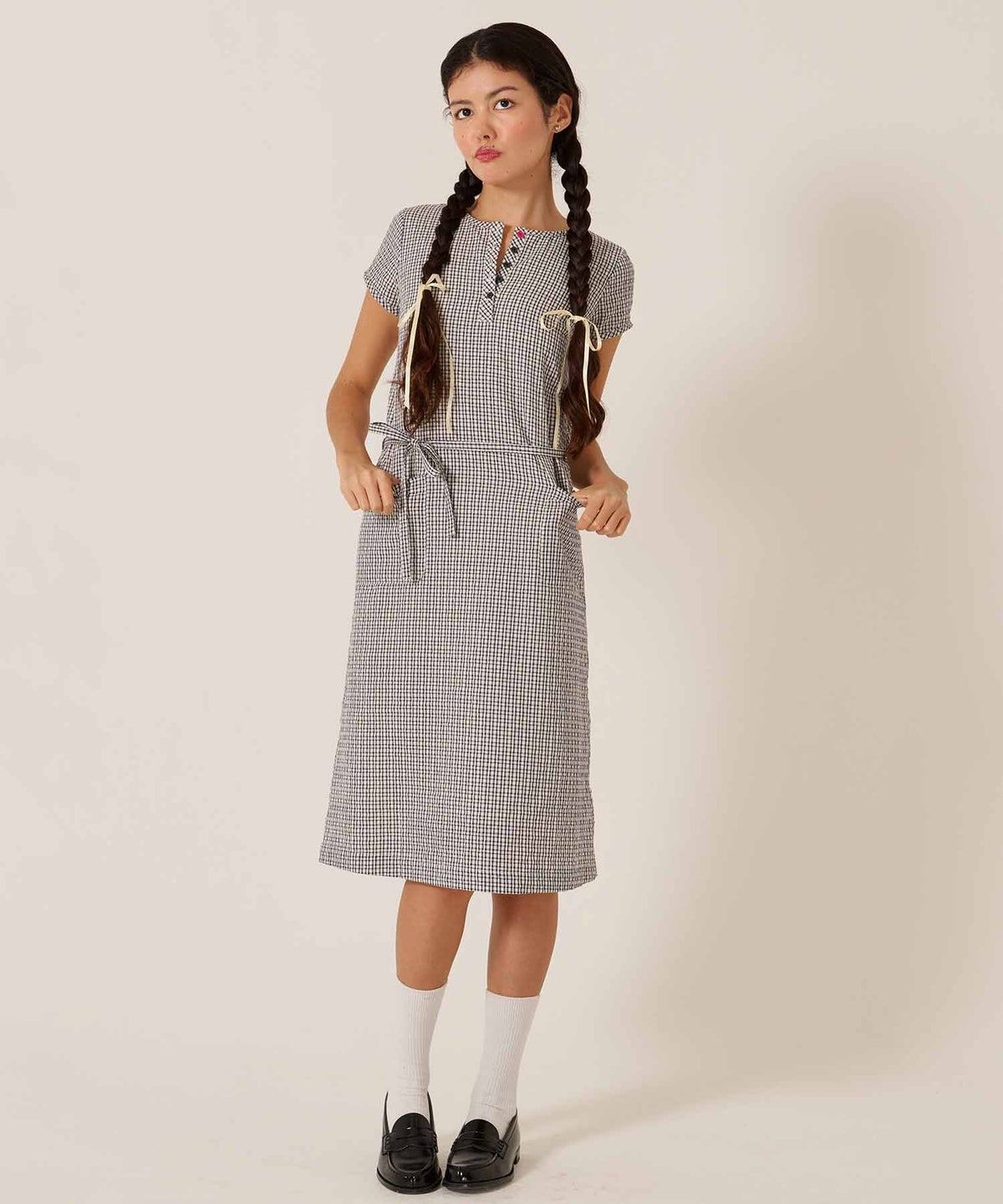 チェック/半袖/ギンガム/ヘンリーネック Aライン ワンピース TINA：JOJUN