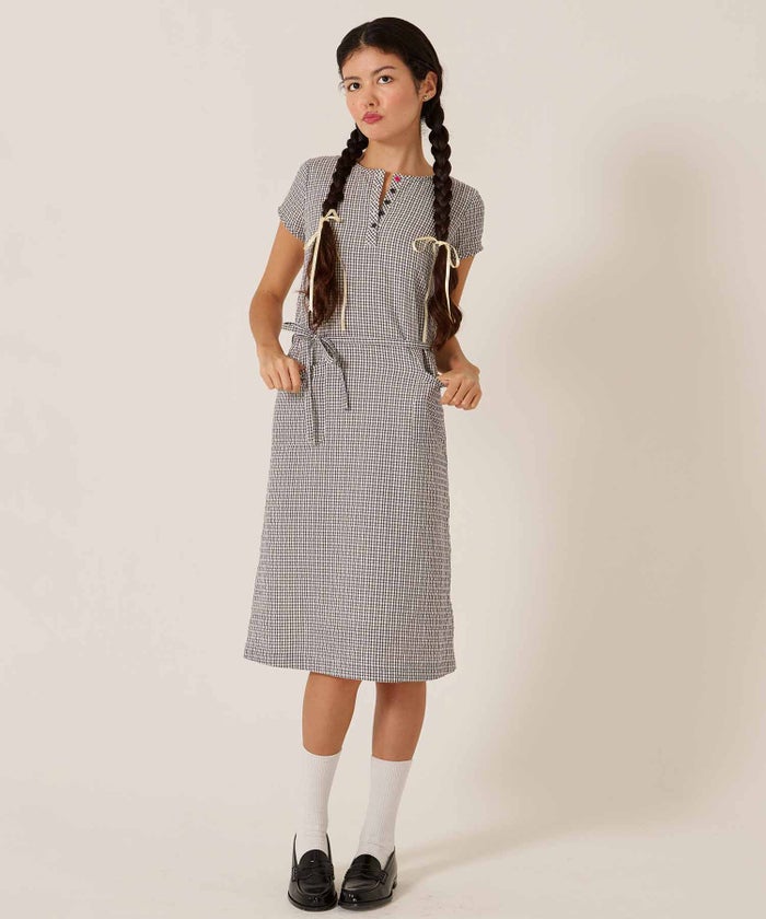 チェック/半袖/ギンガム/ヘンリーネック Aライン ワンピース TINA：JOJUN