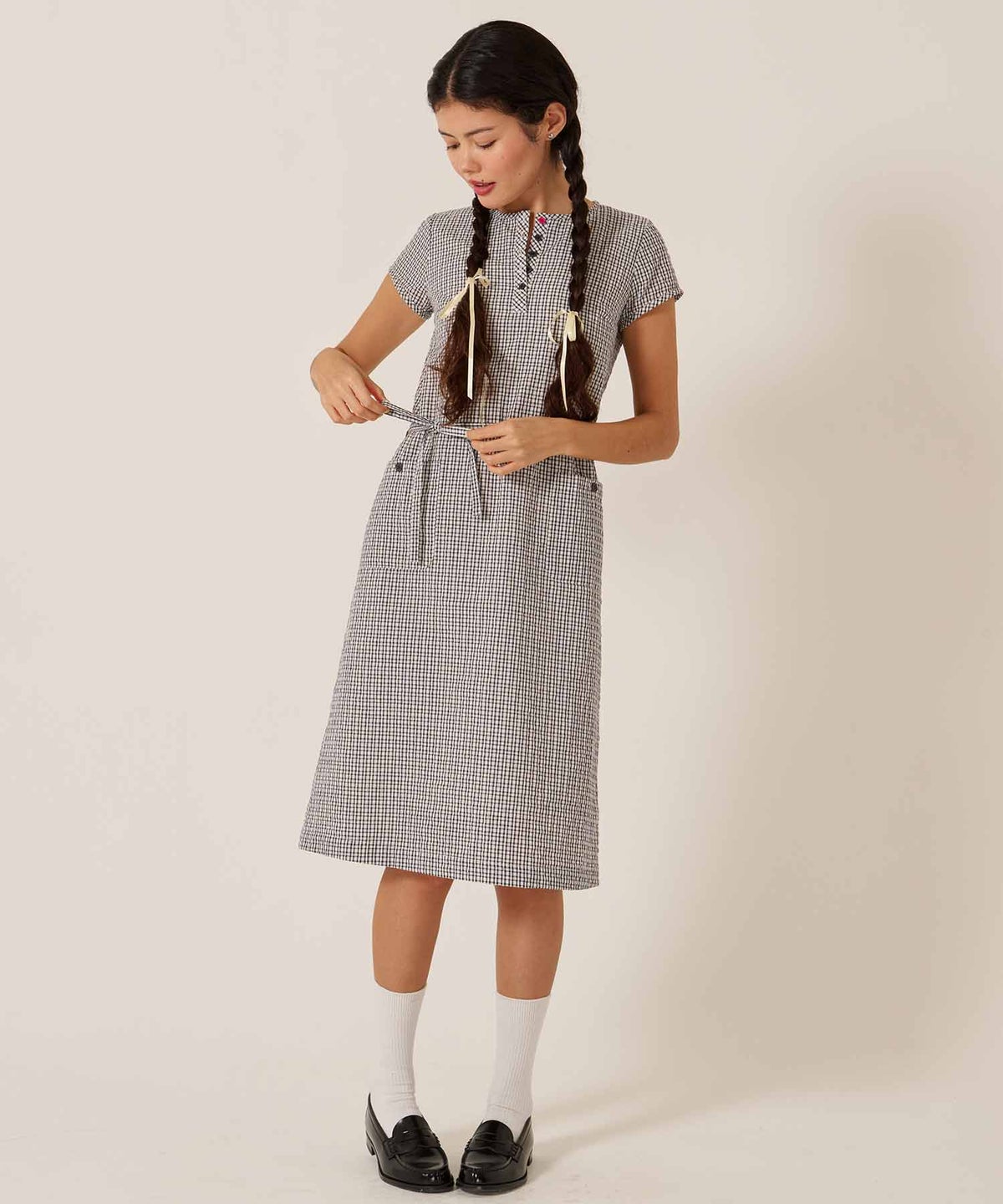 チェック/半袖/ギンガム/ヘンリーネック Aライン ワンピース TINA：JOJUN
