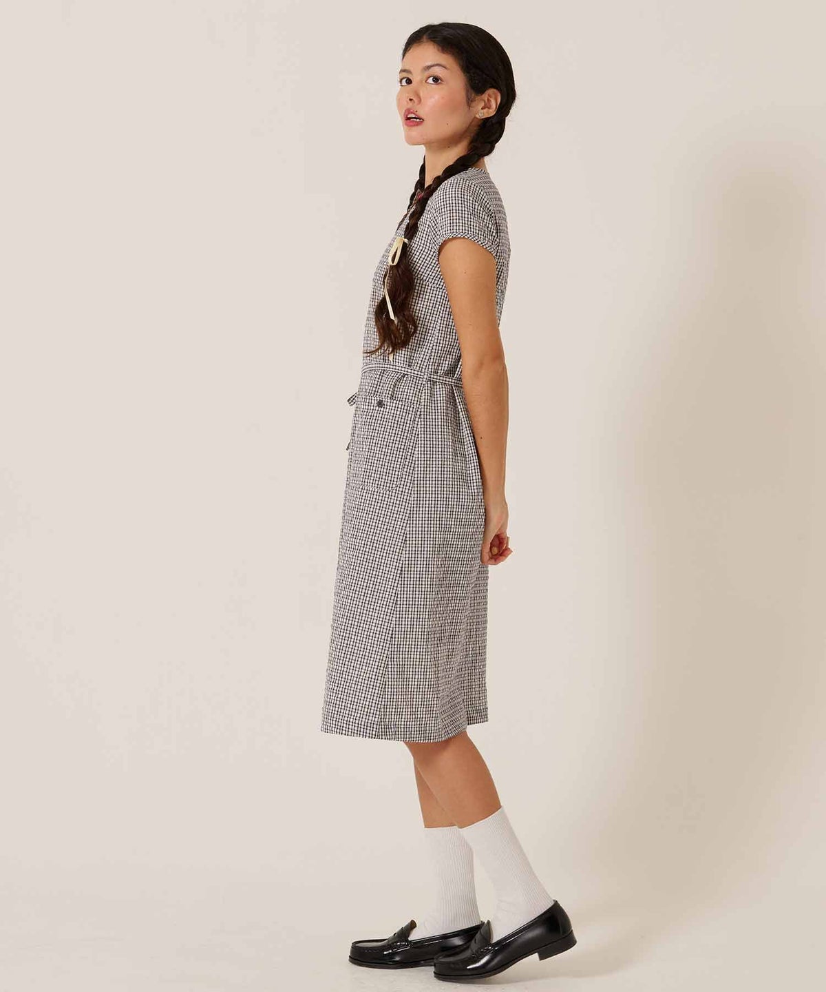 チェック/半袖/ギンガム/ヘンリーネック Aライン ワンピース TINA：JOJUN
