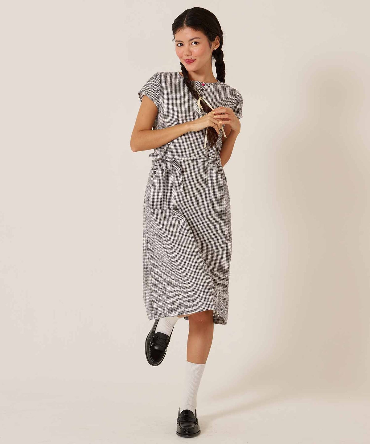 チェック/半袖/ギンガム/ヘンリーネック Aライン ワンピース TINA：JOJUN