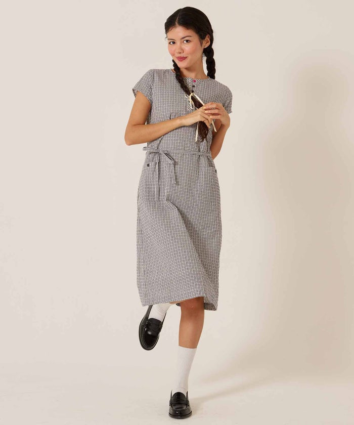 チェック/半袖/ギンガム/ヘンリーネック Aライン ワンピース TINA：JOJUN