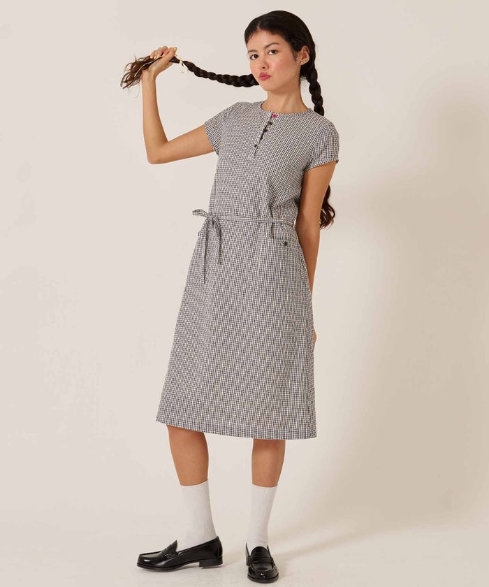 チェック/半袖/ギンガム/ヘンリーネック Aライン ワンピース TINA：JOJUN