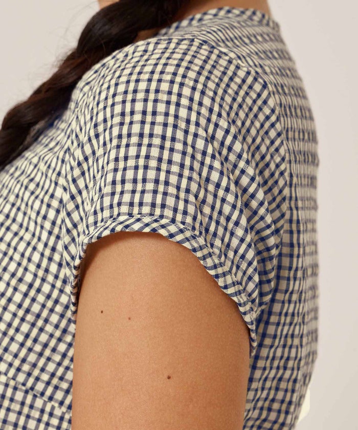 チェック/半袖/ギンガム/ヘンリーネック Aライン ワンピース TINA：JOJUN