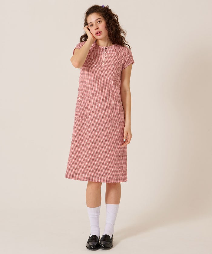 チェック/半袖/ギンガム/ヘンリーネック Aライン ワンピース TINA：JOJUN