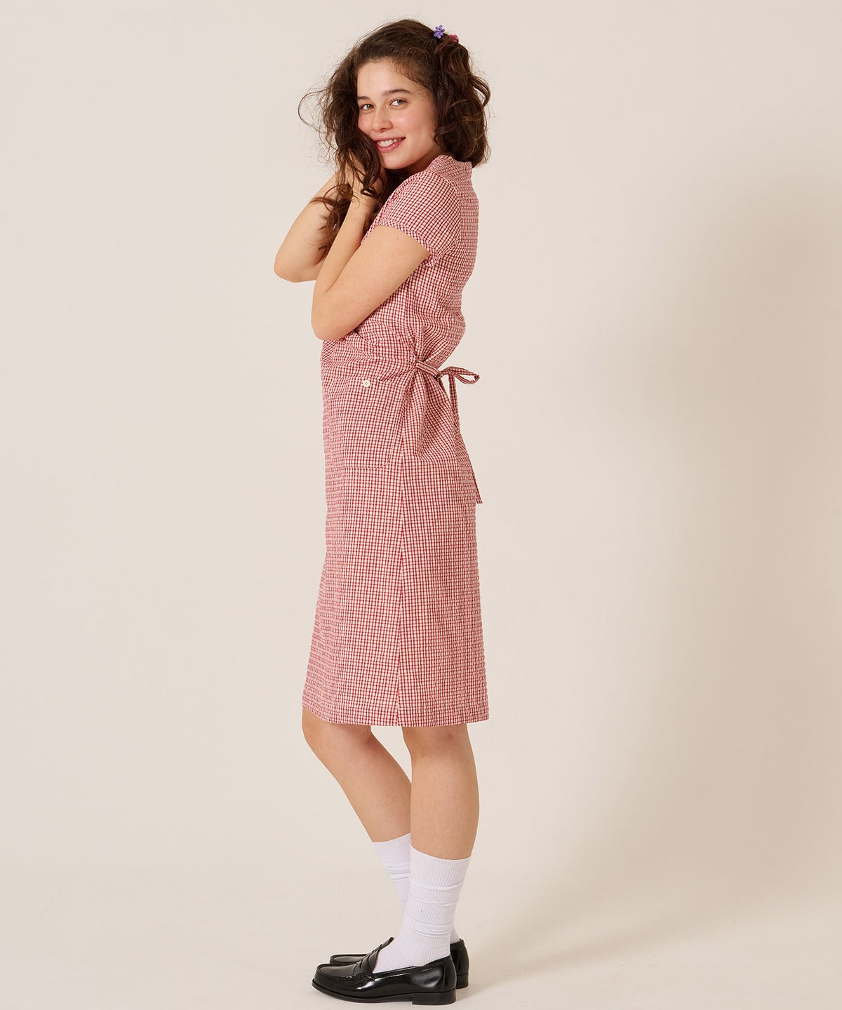 チェック/半袖/ギンガム/ヘンリーネック Aライン ワンピース TINA：JOJUN