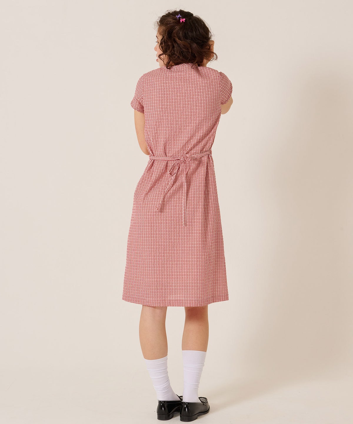 チェック/半袖/ギンガム/ヘンリーネック Aライン ワンピース TINA：JOJUN