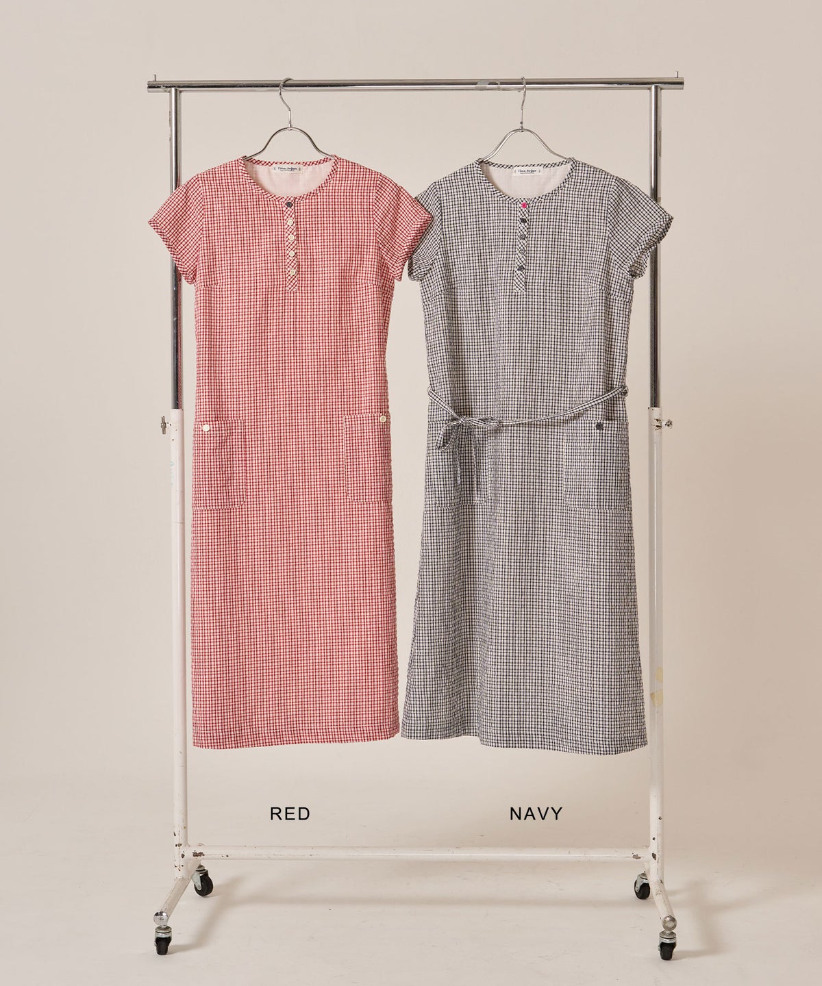 チェック/半袖/ギンガム/ヘンリーネック Aライン ワンピース TINA：JOJUN