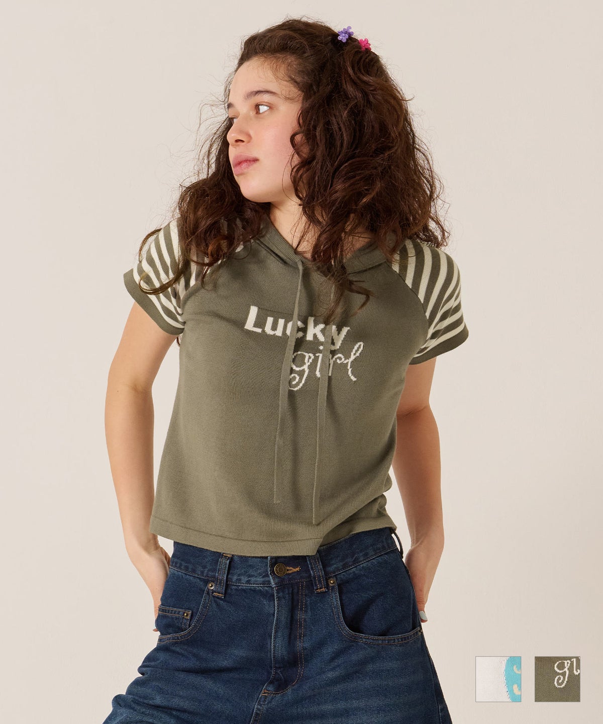 Y2K/半袖/フード/ハーフスリーブ ジャカード ニットフーディー TINA：JOJUN