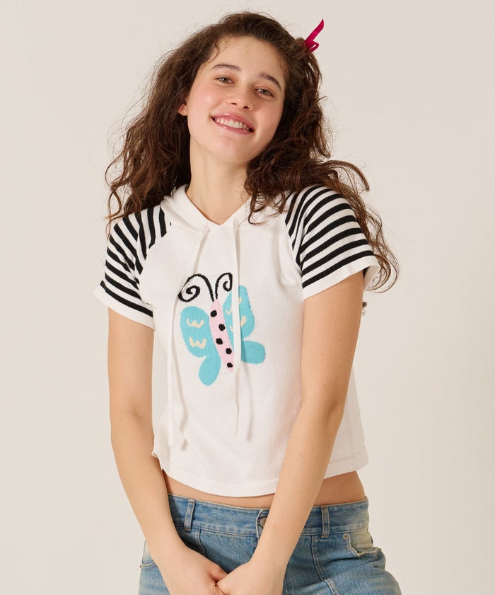 Y2K/半袖/フード/ハーフスリーブ ジャカード ニットフーディー TINA：JOJUN