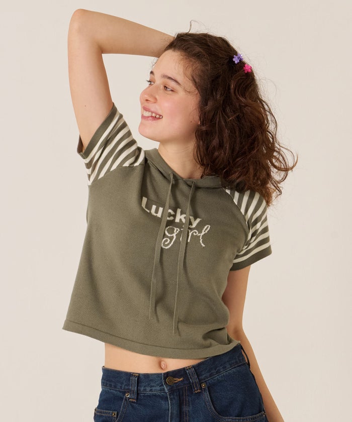 Y2K/半袖/フード/ハーフスリーブ ジャカード ニットフーディー TINA：JOJUN