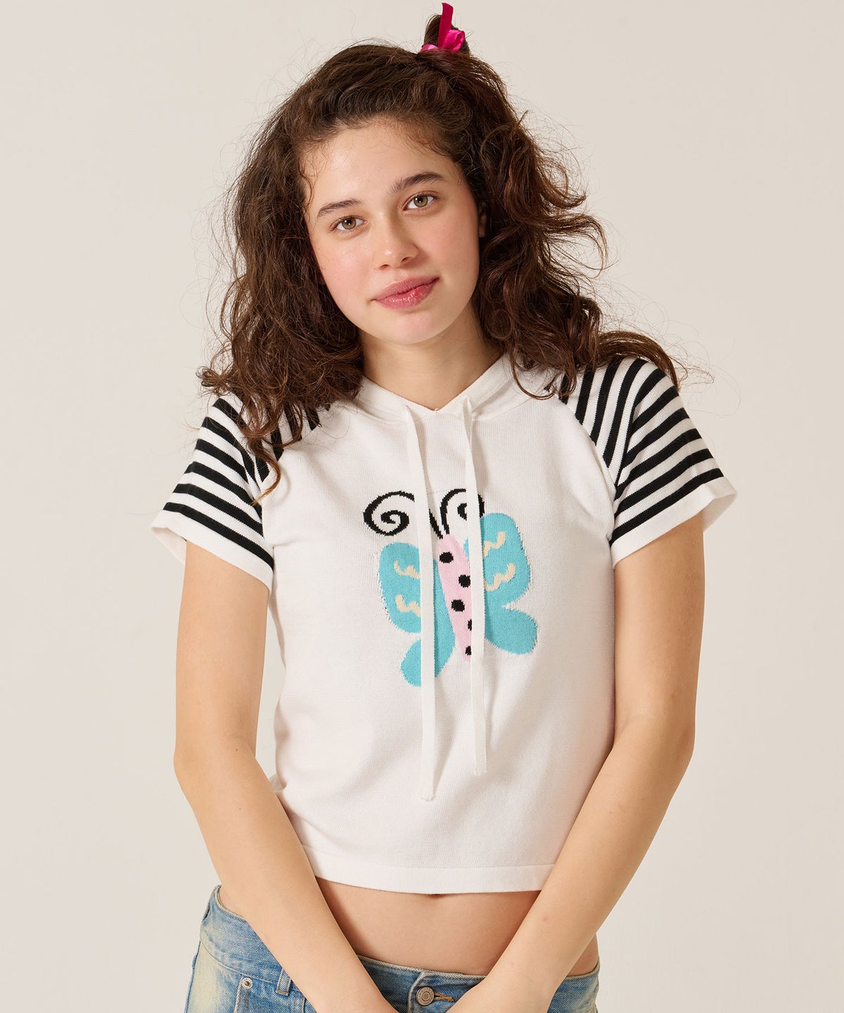 Y2K/半袖/フード/ハーフスリーブ ジャカード ニットフーディー TINA：JOJUN