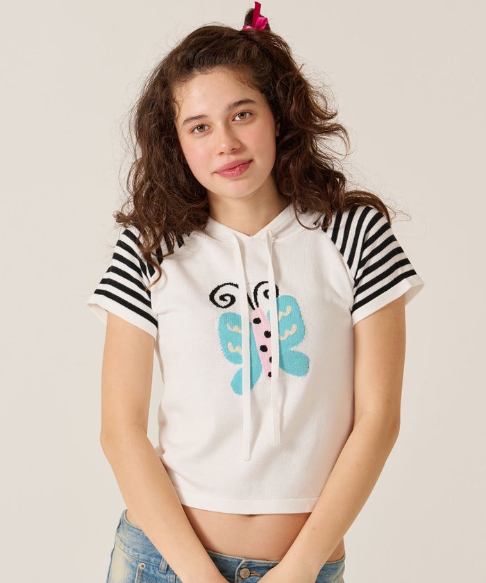 Y2K/半袖/フード/ハーフスリーブ ジャカード ニットフーディー TINA：JOJUN