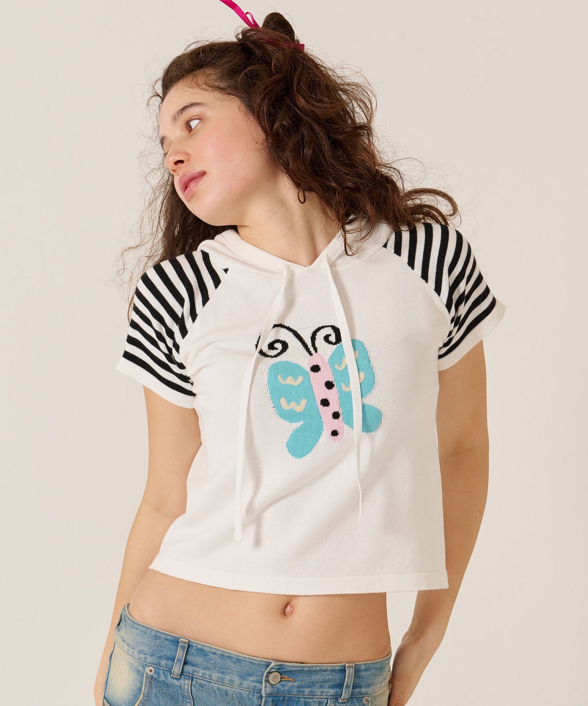 Y2K/半袖/フード/ハーフスリーブ ジャカード ニットフーディー TINA：JOJUN