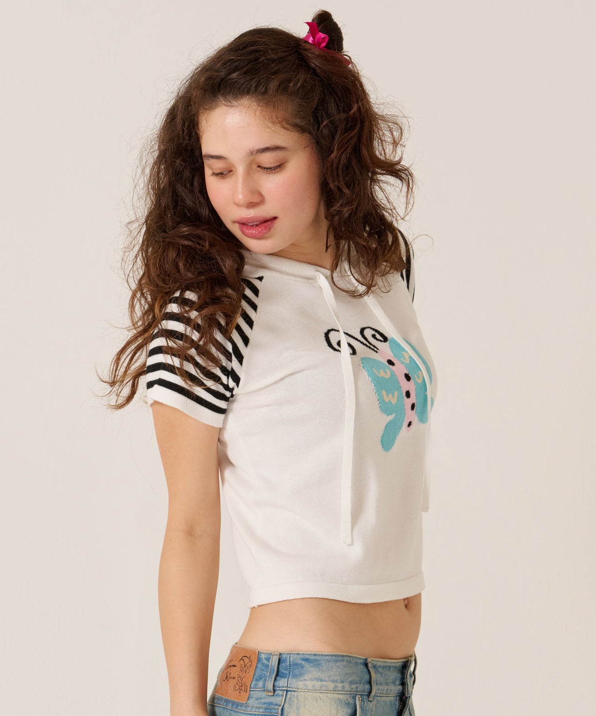 Y2K/半袖/フード/ハーフスリーブ ジャカード ニットフーディー TINA：JOJUN