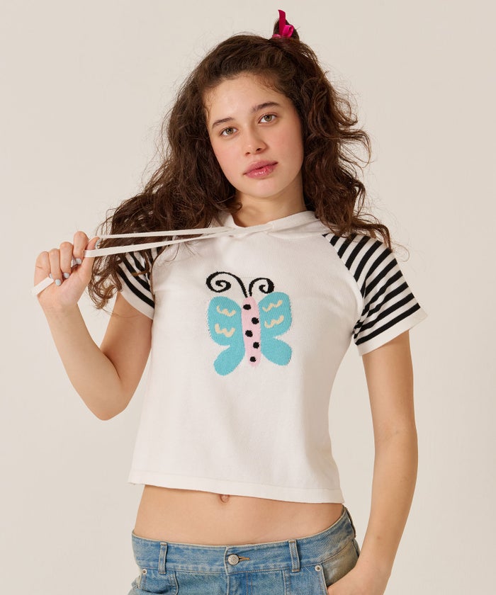 Y2K/半袖/フード/ハーフスリーブ ジャカード ニットフーディー TINA：JOJUN