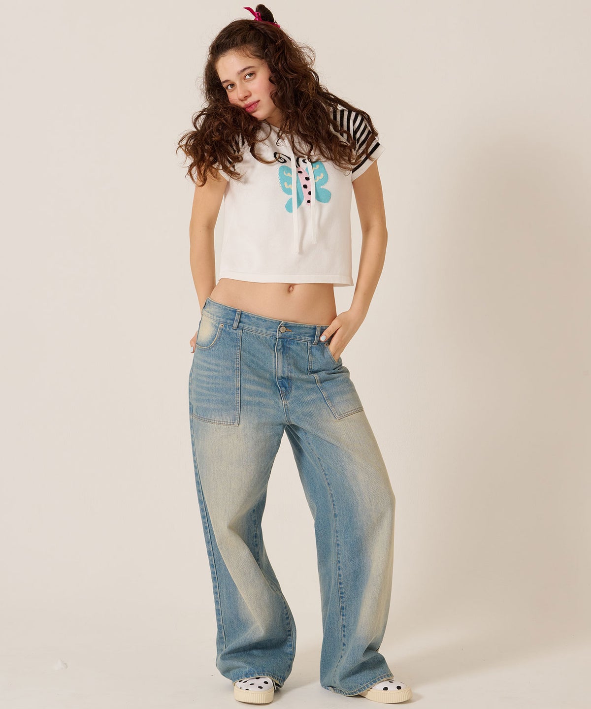 Y2K/半袖/フード/ハーフスリーブ ジャカード ニットフーディー TINA：JOJUN