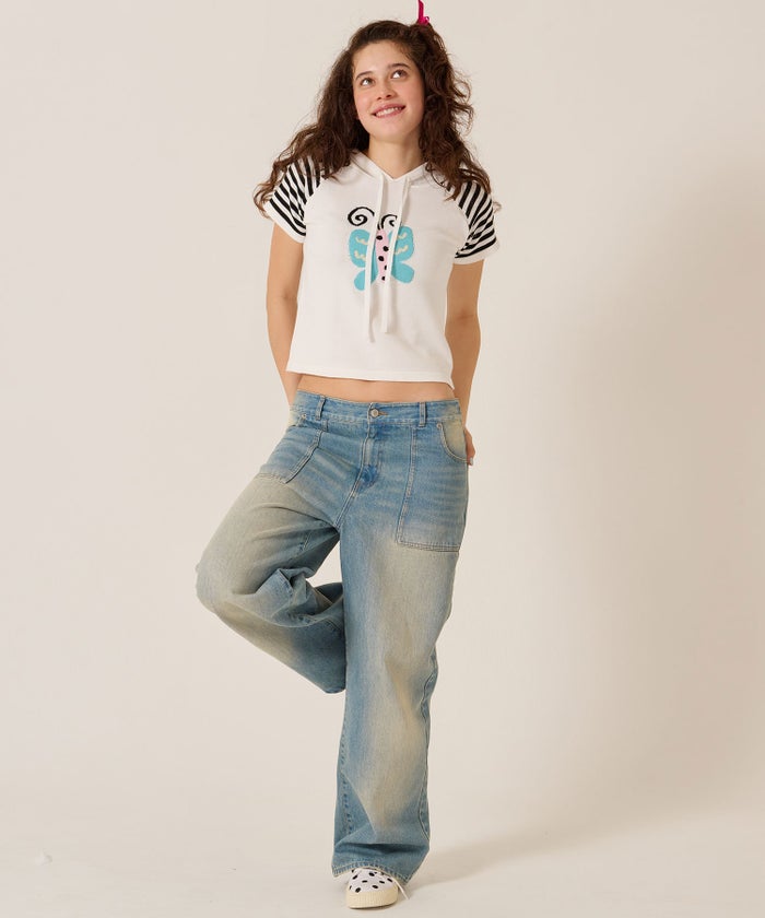 Y2K/半袖/フード/ハーフスリーブ ジャカード ニットフーディー TINA：JOJUN