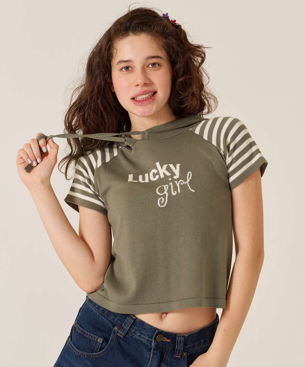 Y2K/半袖/フード/ハーフスリーブ ジャカード ニットフーディー TINA：JOJUN