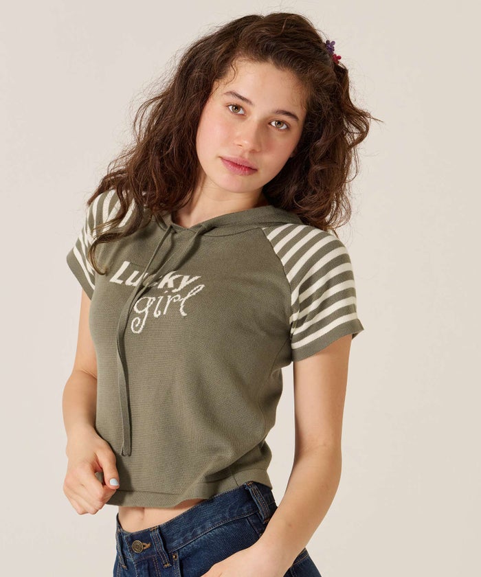 Y2K/半袖/フード/ハーフスリーブ ジャカード ニットフーディー TINA：JOJUN