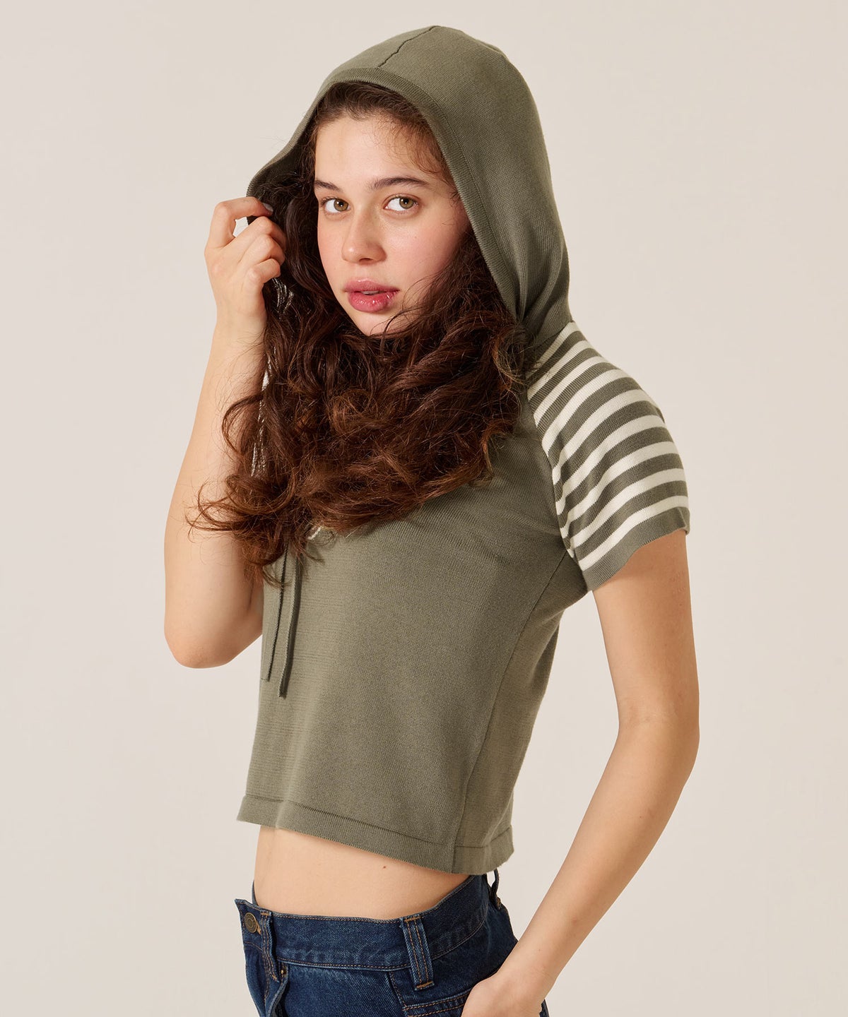 Y2K/半袖/フード/ハーフスリーブ ジャカード ニットフーディー TINA：JOJUN