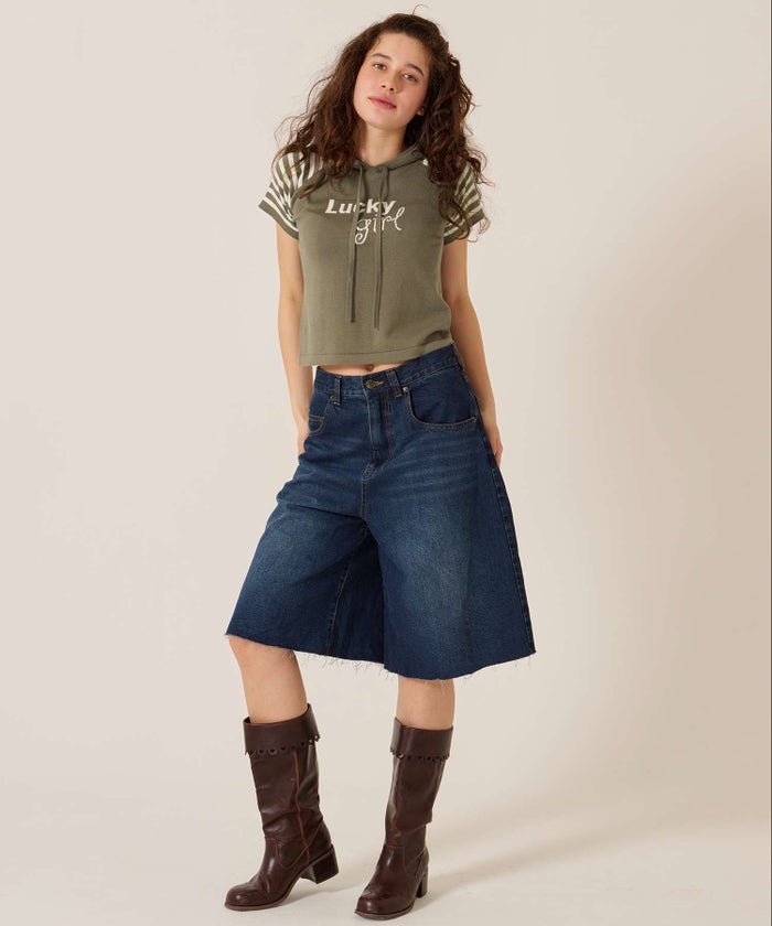 Y2K/半袖/フード/ハーフスリーブ ジャカード ニットフーディー TINA：JOJUN