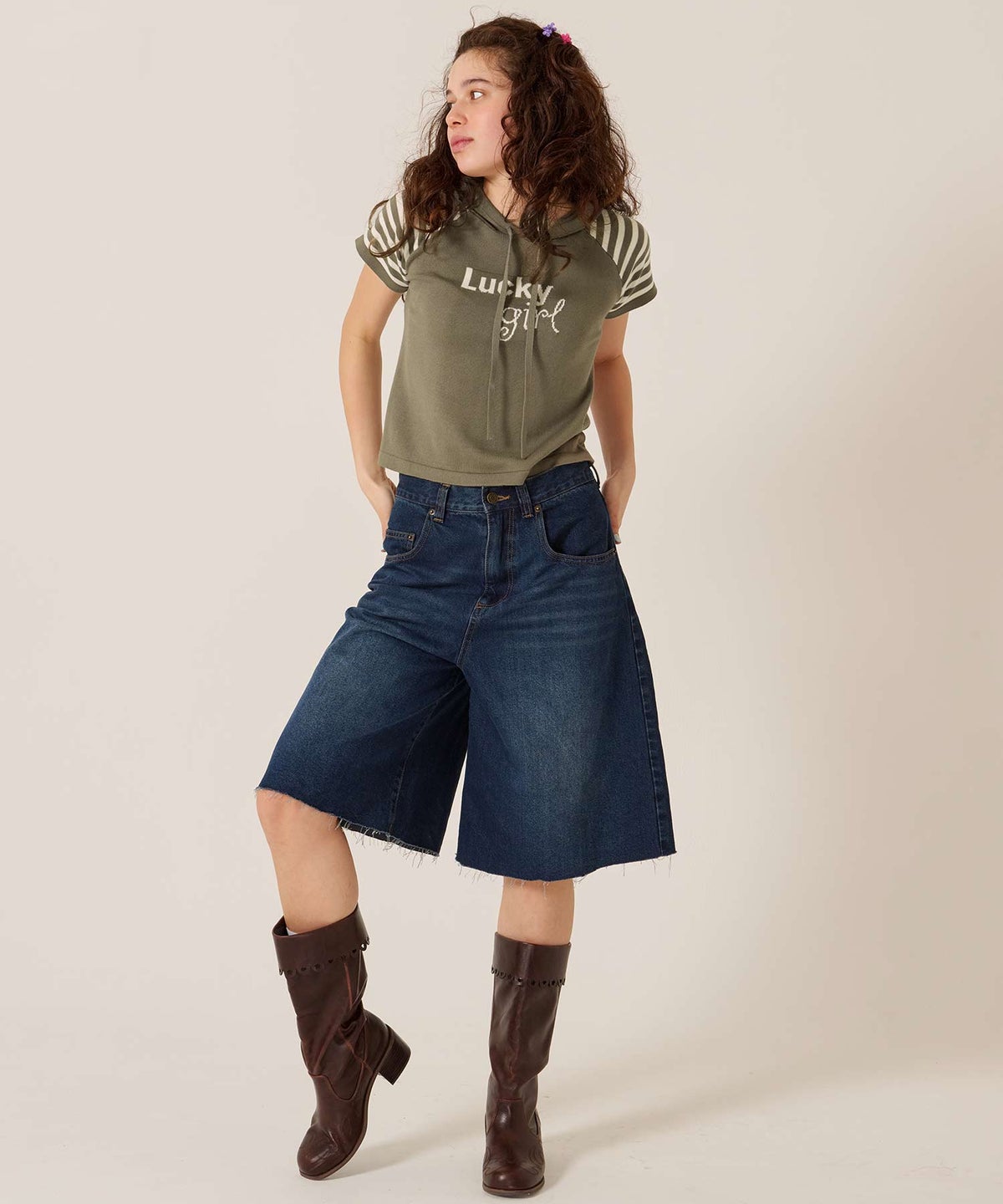 Y2K/半袖/フード/ハーフスリーブ ジャカード ニットフーディー TINA：JOJUN