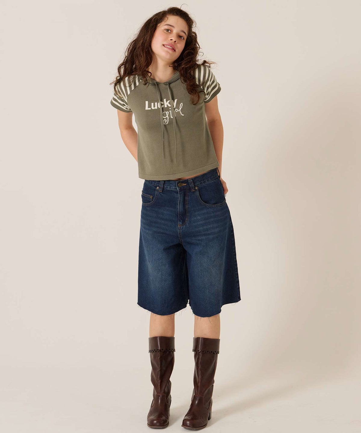 Y2K/半袖/フード/ハーフスリーブ ジャカード ニットフーディー TINA：JOJUN