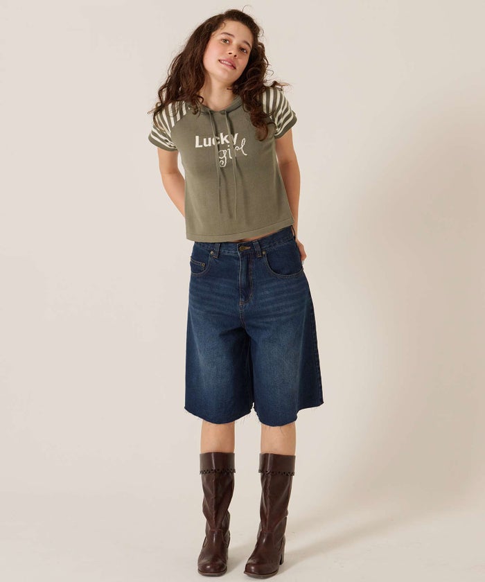 Y2K/半袖/フード/ハーフスリーブ ジャカード ニットフーディー TINA：JOJUN