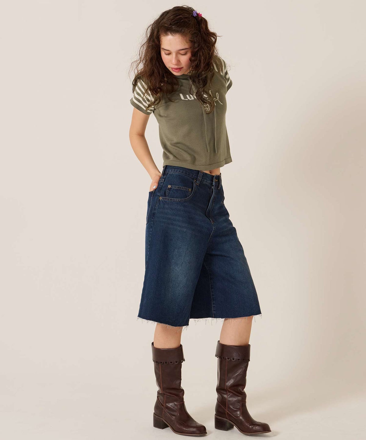 Y2K/半袖/フード/ハーフスリーブ ジャカード ニットフーディー TINA：JOJUN