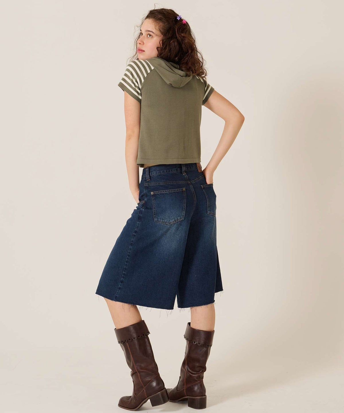 Y2K/半袖/フード/ハーフスリーブ ジャカード ニットフーディー TINA：JOJUN