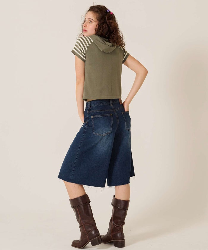 Y2K/半袖/フード/ハーフスリーブ ジャカード ニットフーディー TINA：JOJUN