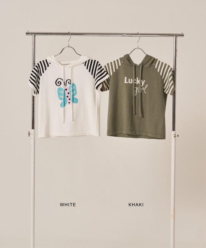 Y2K/半袖/フード/ハーフスリーブ ジャカード ニットフーディー TINA：JOJUN