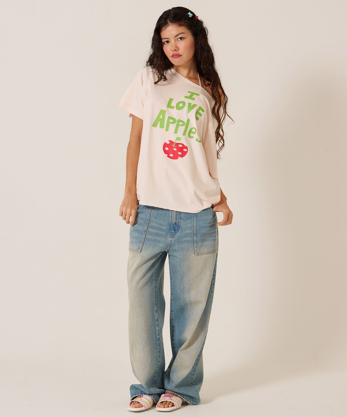 トップス/オーバーサイズ/オリジナル プリント オフショル Tシャツ TINA：JOJUN