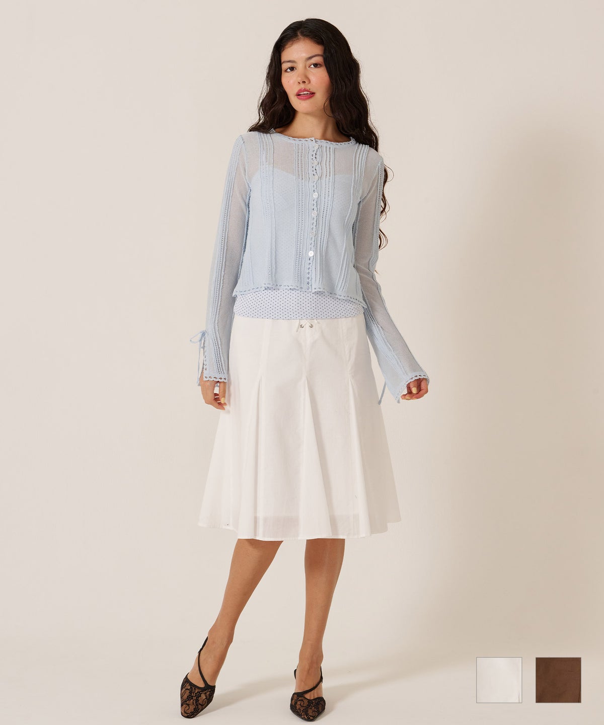 ミディ丈/スカート/リボン/フロント レースアップ フレア スカート TINA：JOJUN