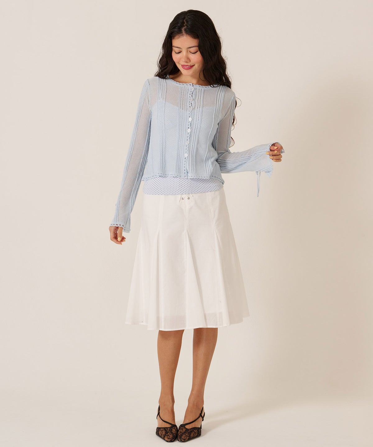 ミディ丈/スカート/リボン/フロント レースアップ フレア スカート TINA：JOJUN