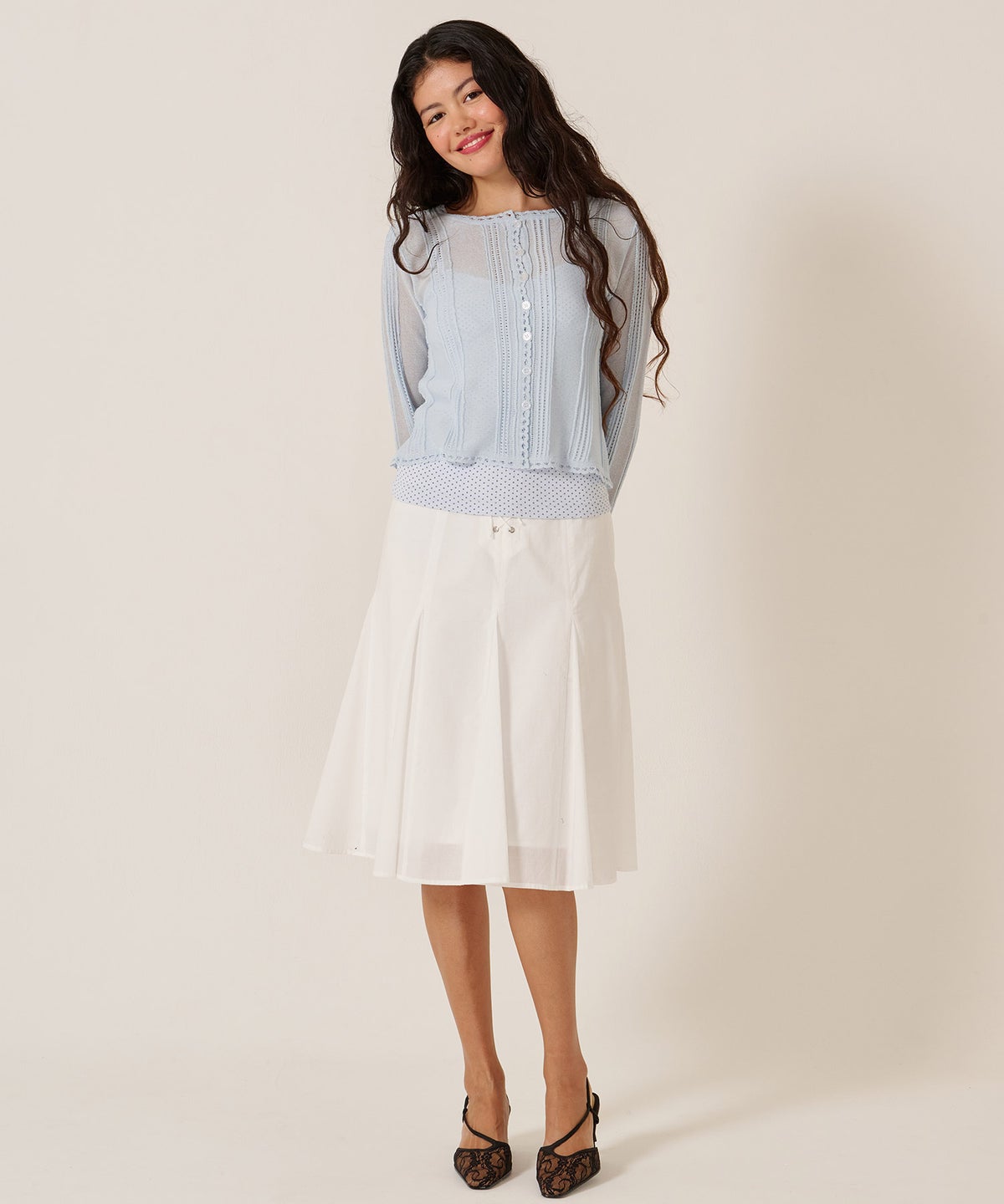 ミディ丈/スカート/リボン/フロント レースアップ フレア スカート TINA：JOJUN