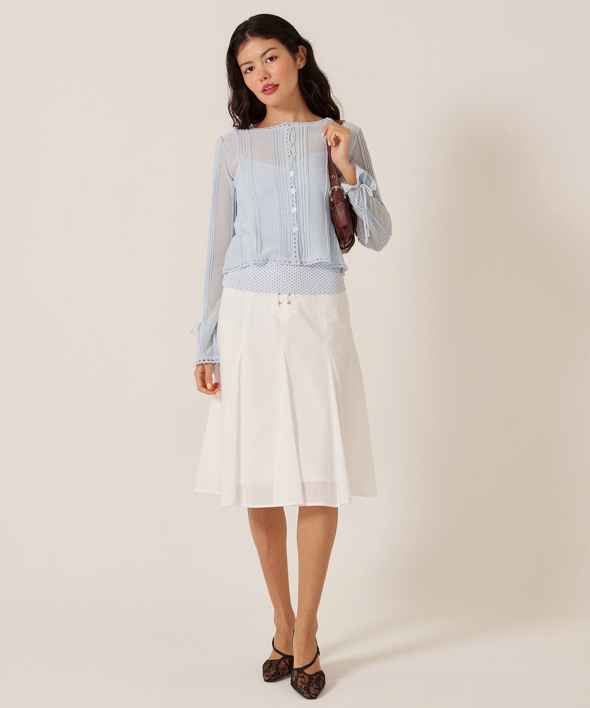 ミディ丈/スカート/リボン/フロント レースアップ フレア スカート TINA：JOJUN