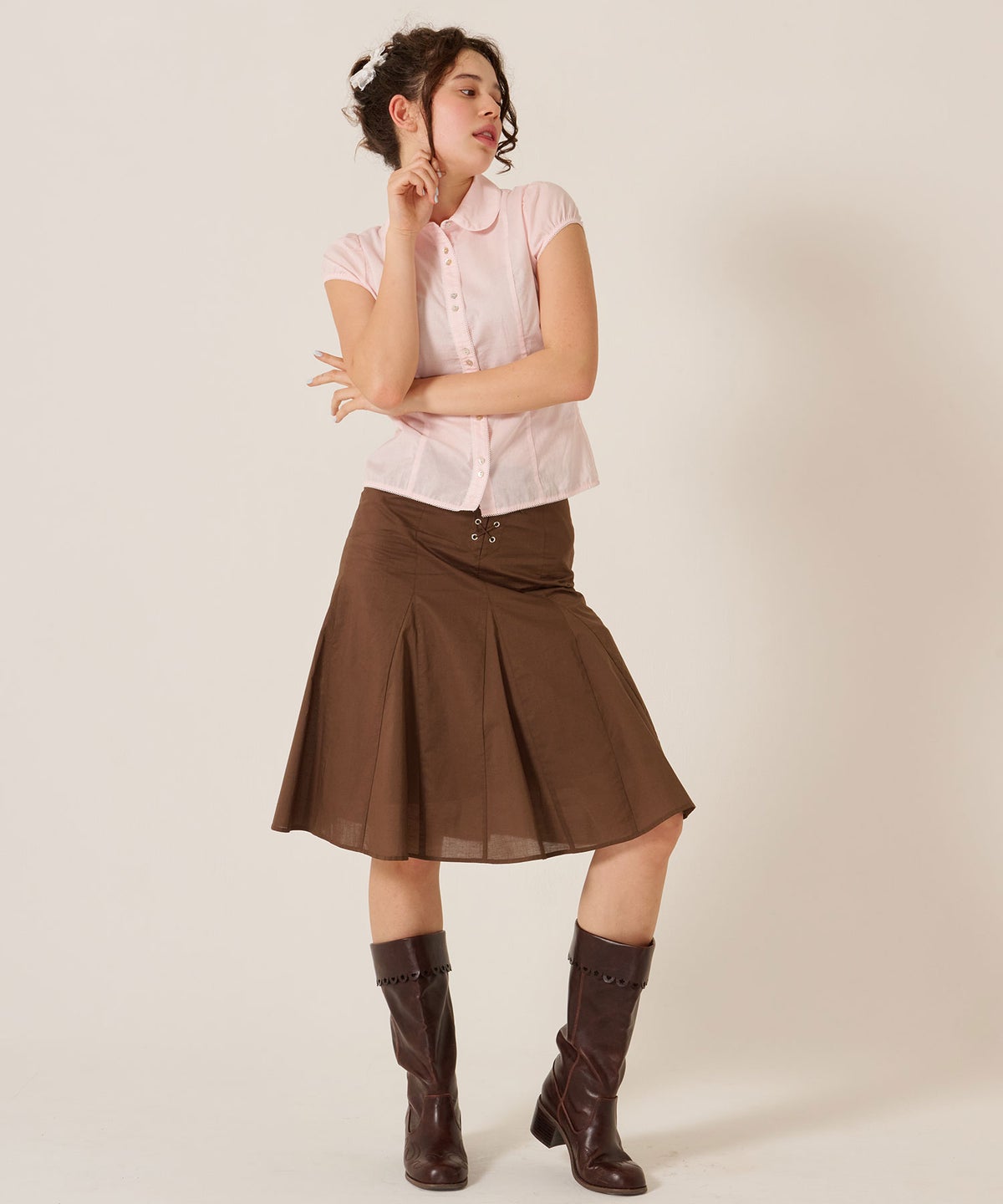 ミディ丈/スカート/リボン/フロント レースアップ フレア スカート TINA：JOJUN