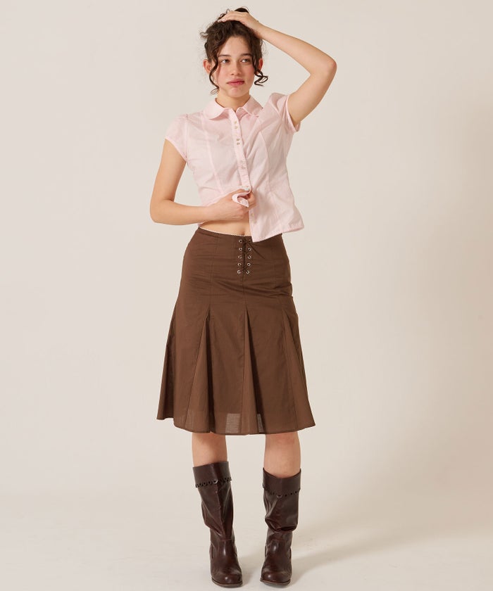 ミディ丈/スカート/リボン/フロント レースアップ フレア スカート TINA：JOJUN