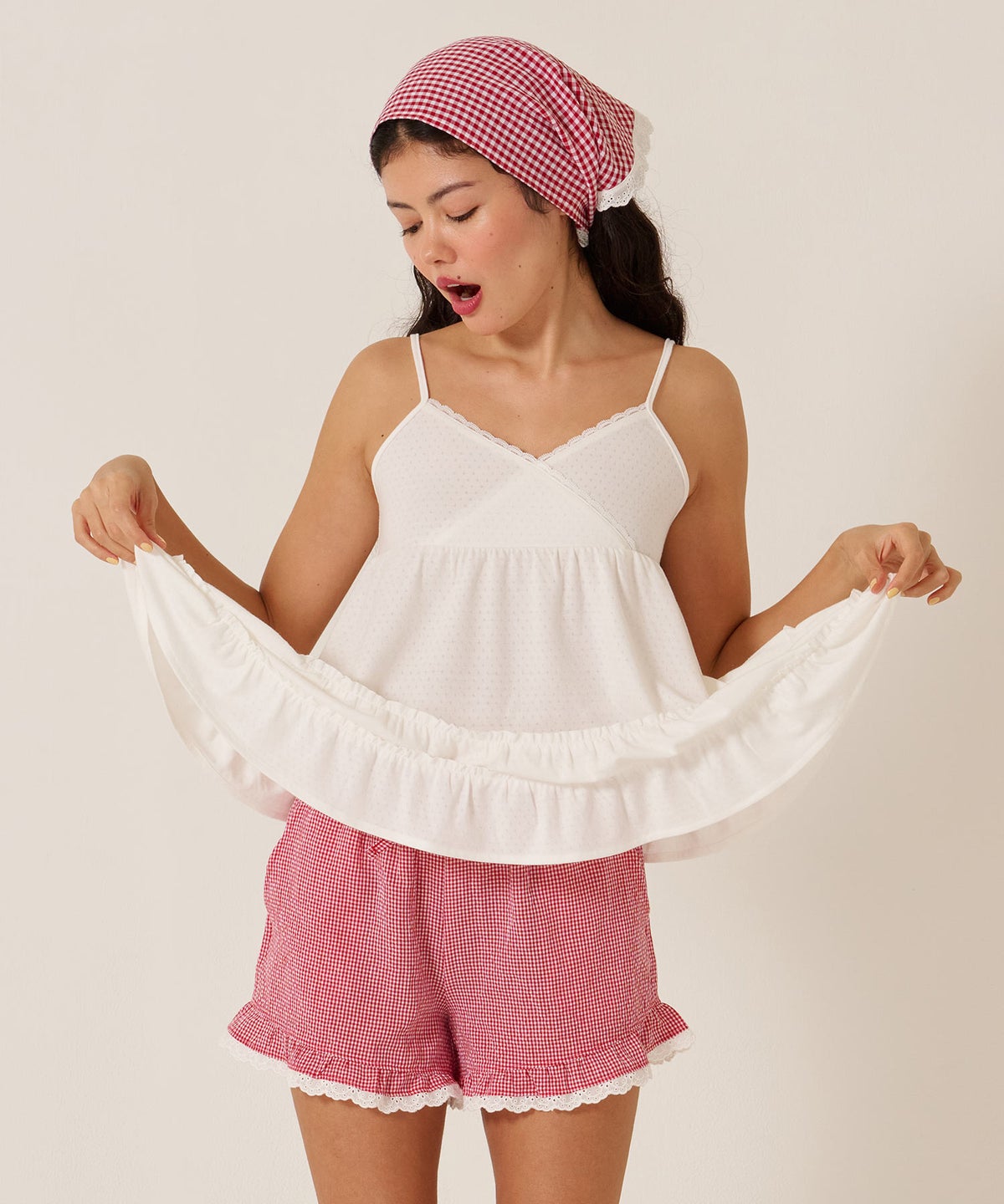 レース/ショートパンツ/リラックス/チェック柄 フリル ショートパンツ TINA：JOJUN