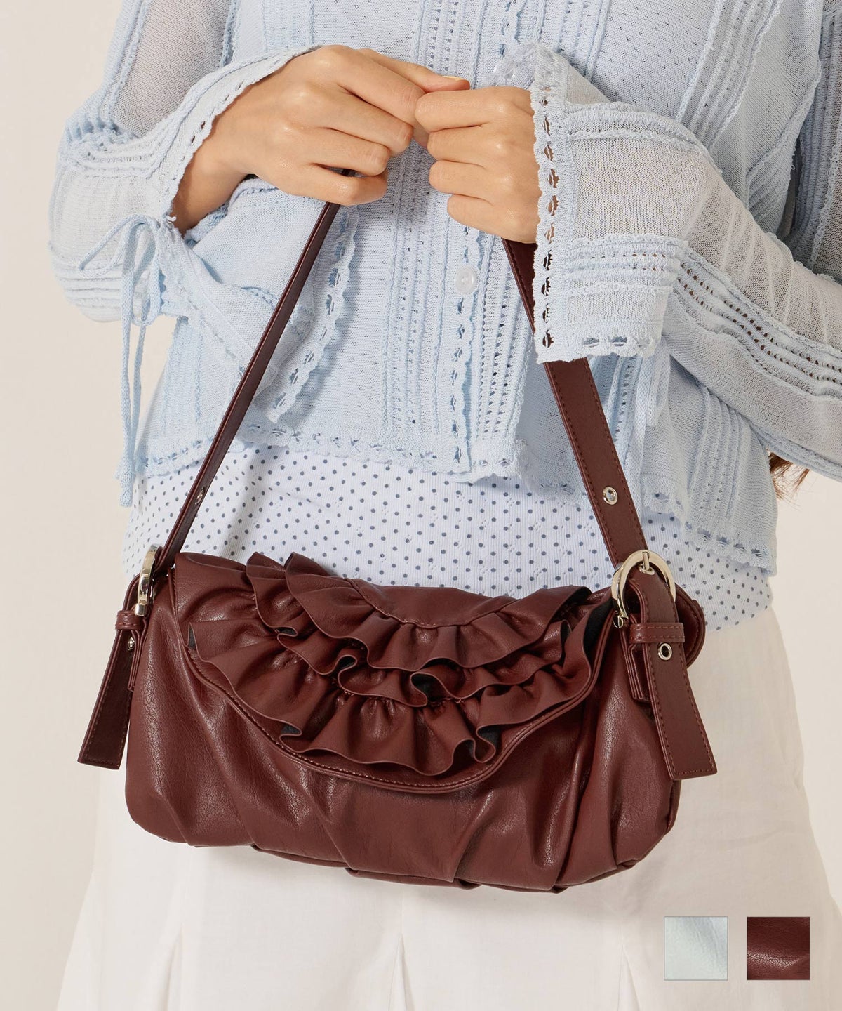 バッグ/カバン/ハンドバッグ/フェイクレザー フリル フラップ ミニバッグ TINA：JOJUN