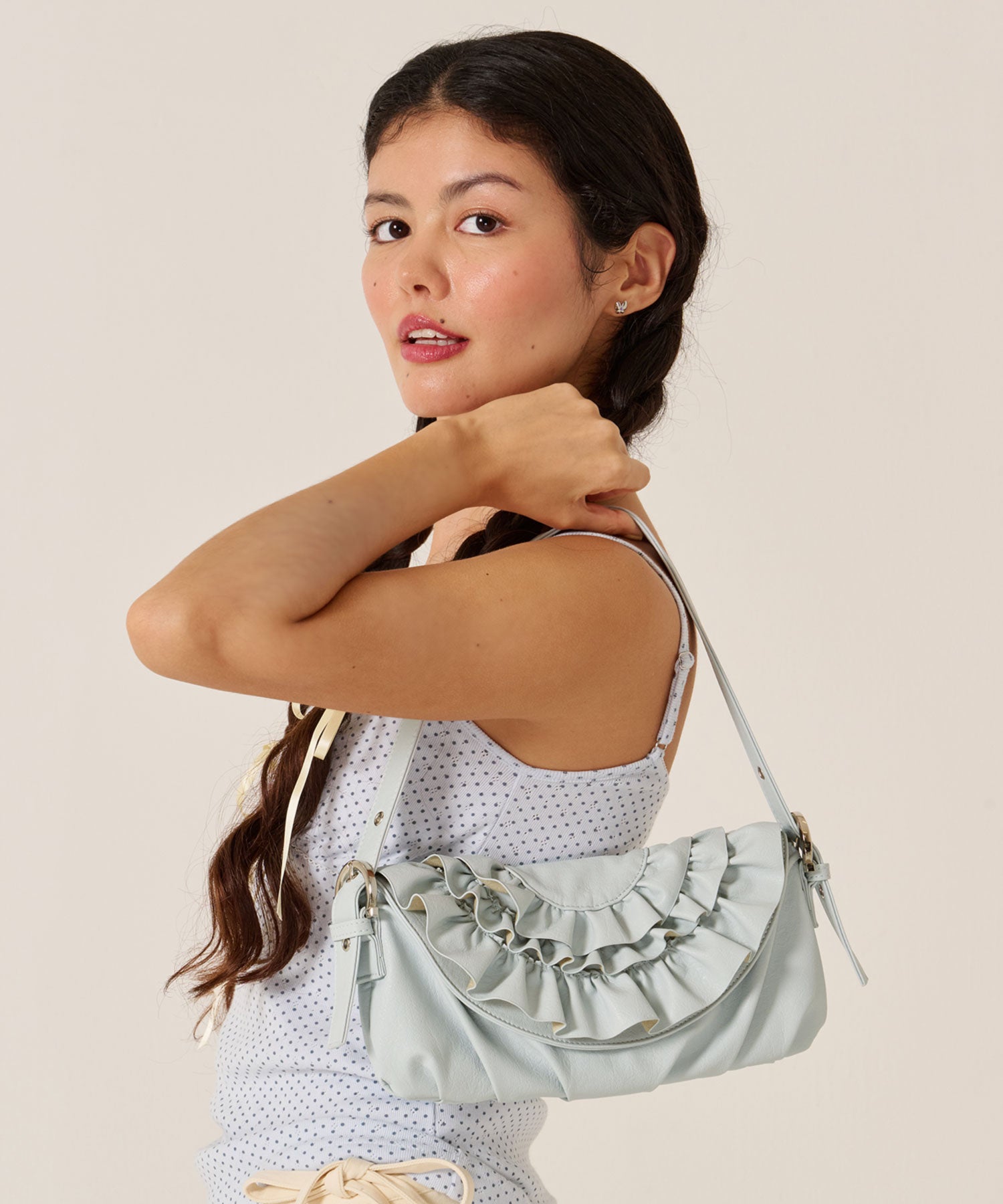 FINAL SALE フェイクレザー フリル フラップ ミニバッグ TINA：JOJUN