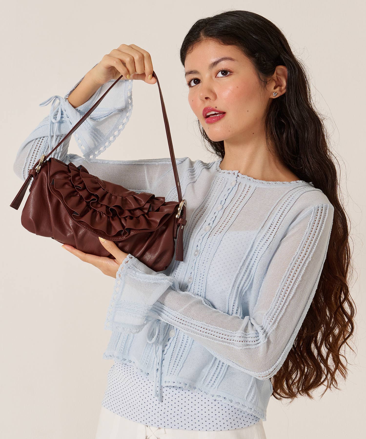 FINAL SALE フェイクレザー フリル フラップ ミニバッグ TINA：JOJUN